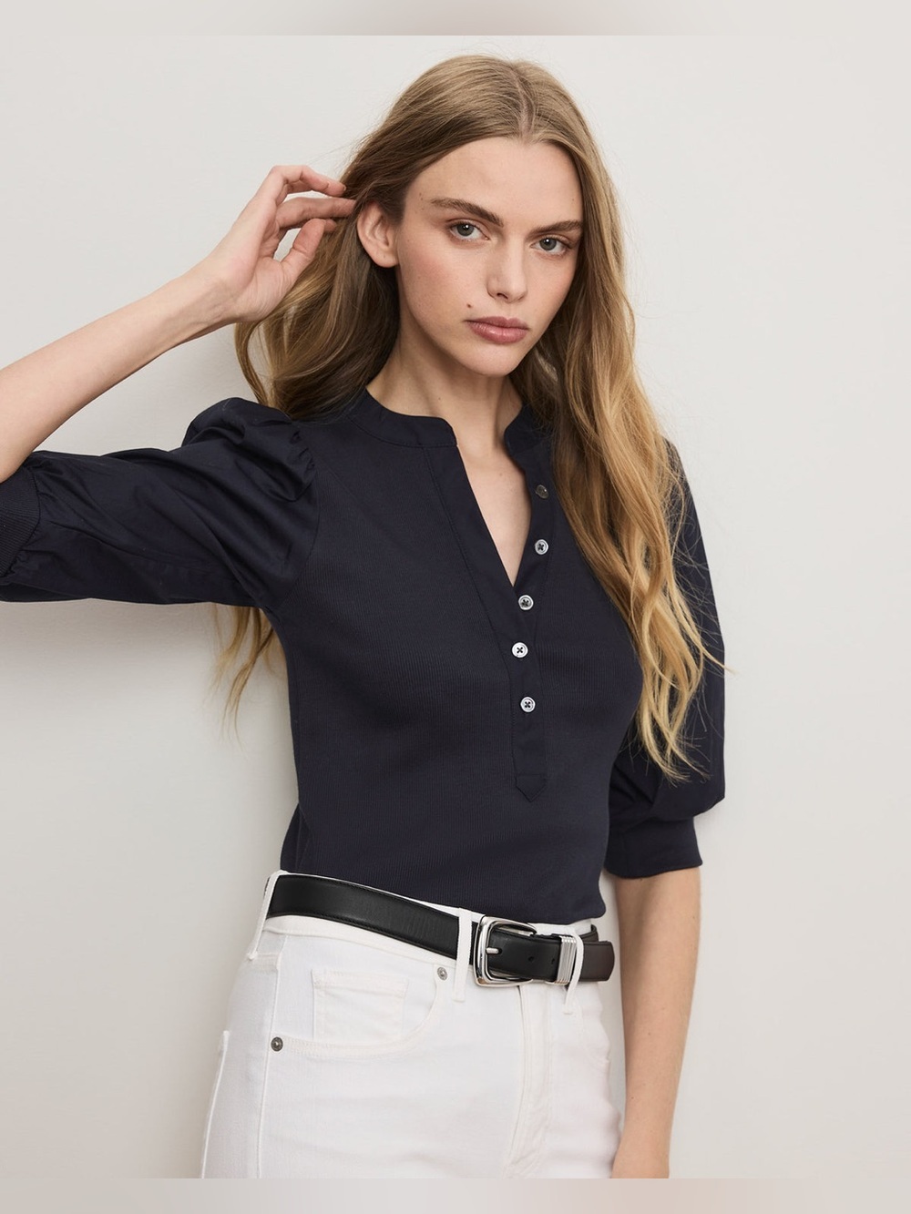 Veronica Beard Coralee Puff-Sleeve
Blue Ribbed Split-Band Collar Top
